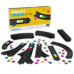 Ein Set aus verschiedenen Spielzeugschienen und bunten Plättchen